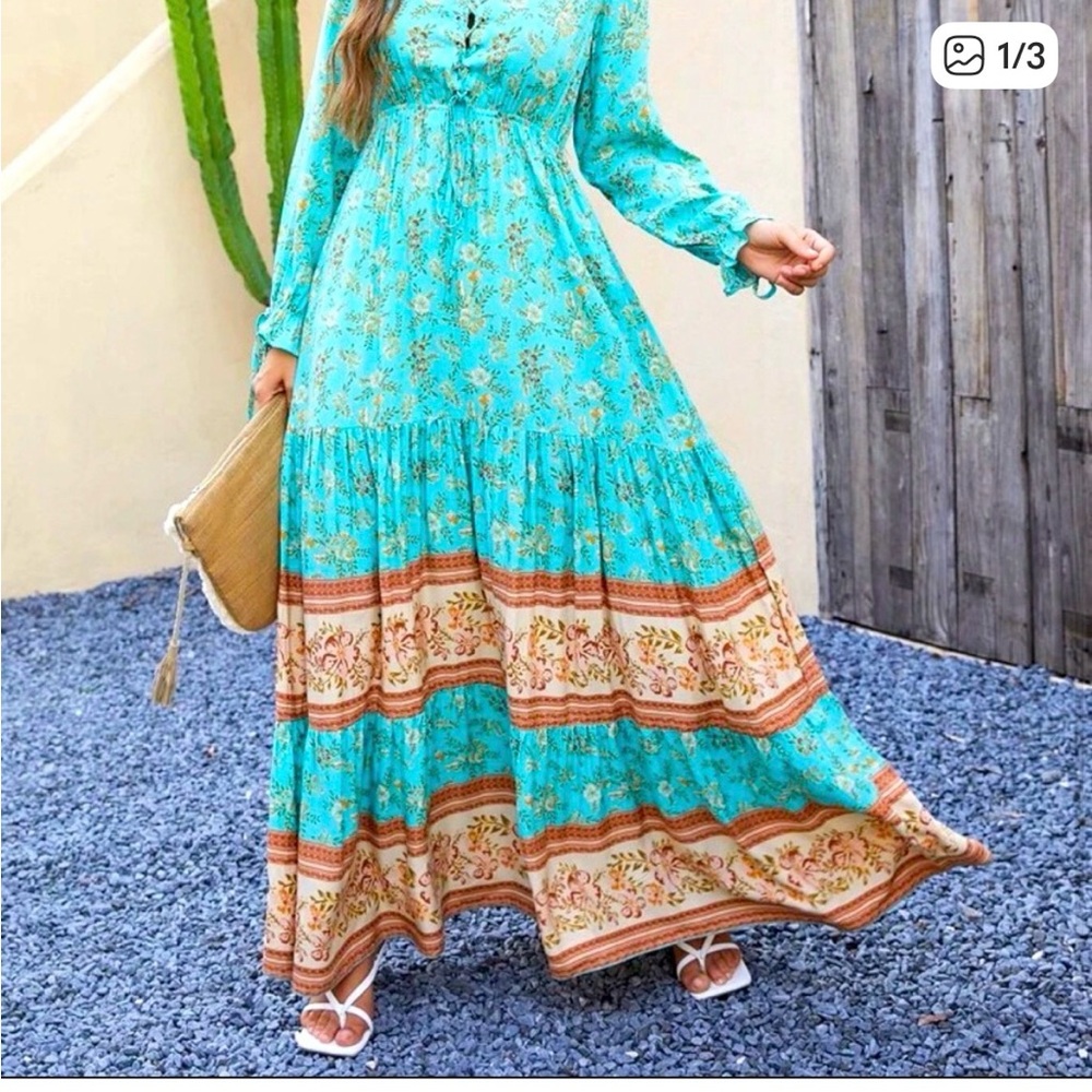SHEIN Turquoise Floral Tiered Maxi Dress with Contrast Border